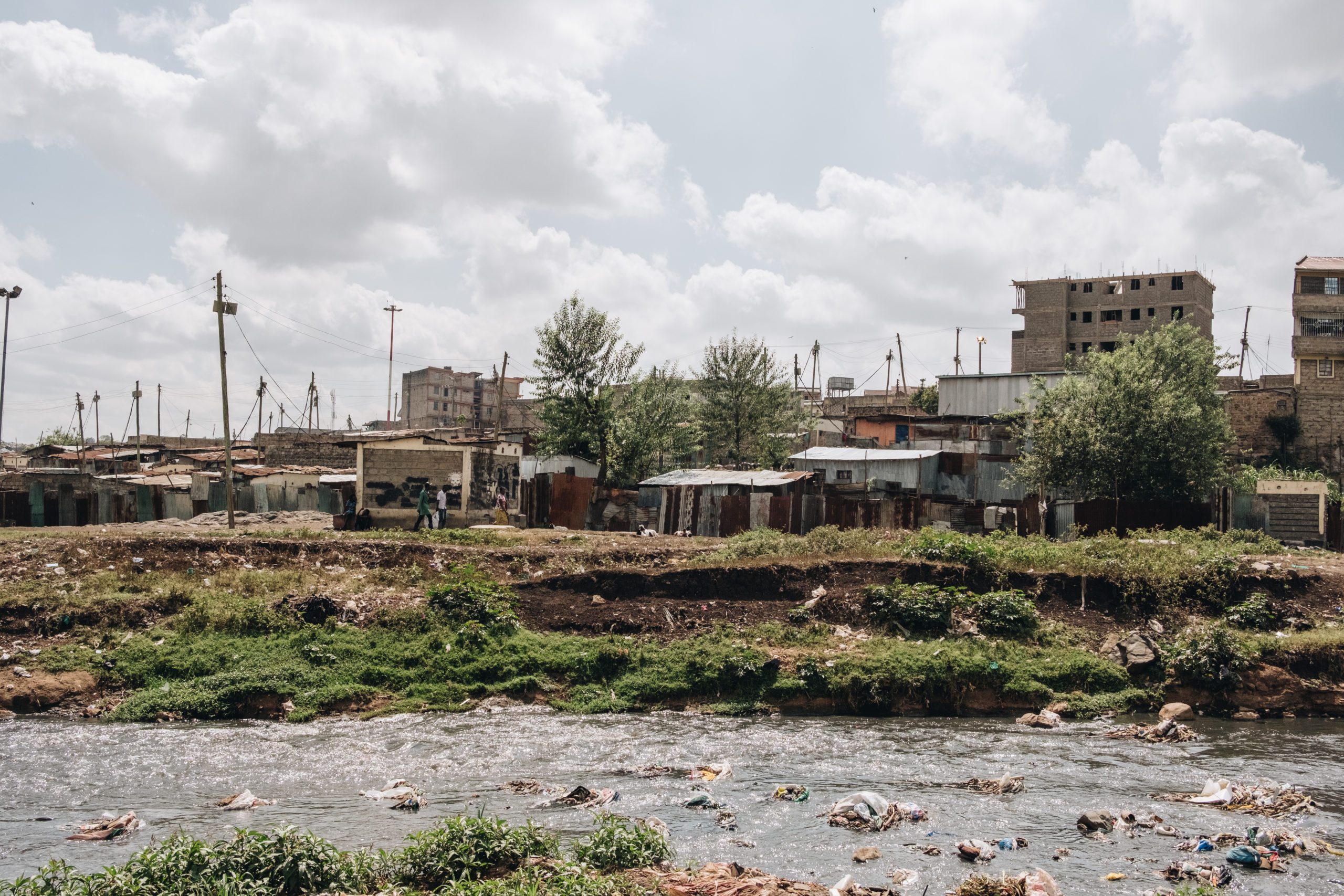A view of a riverbank with residences in the background
