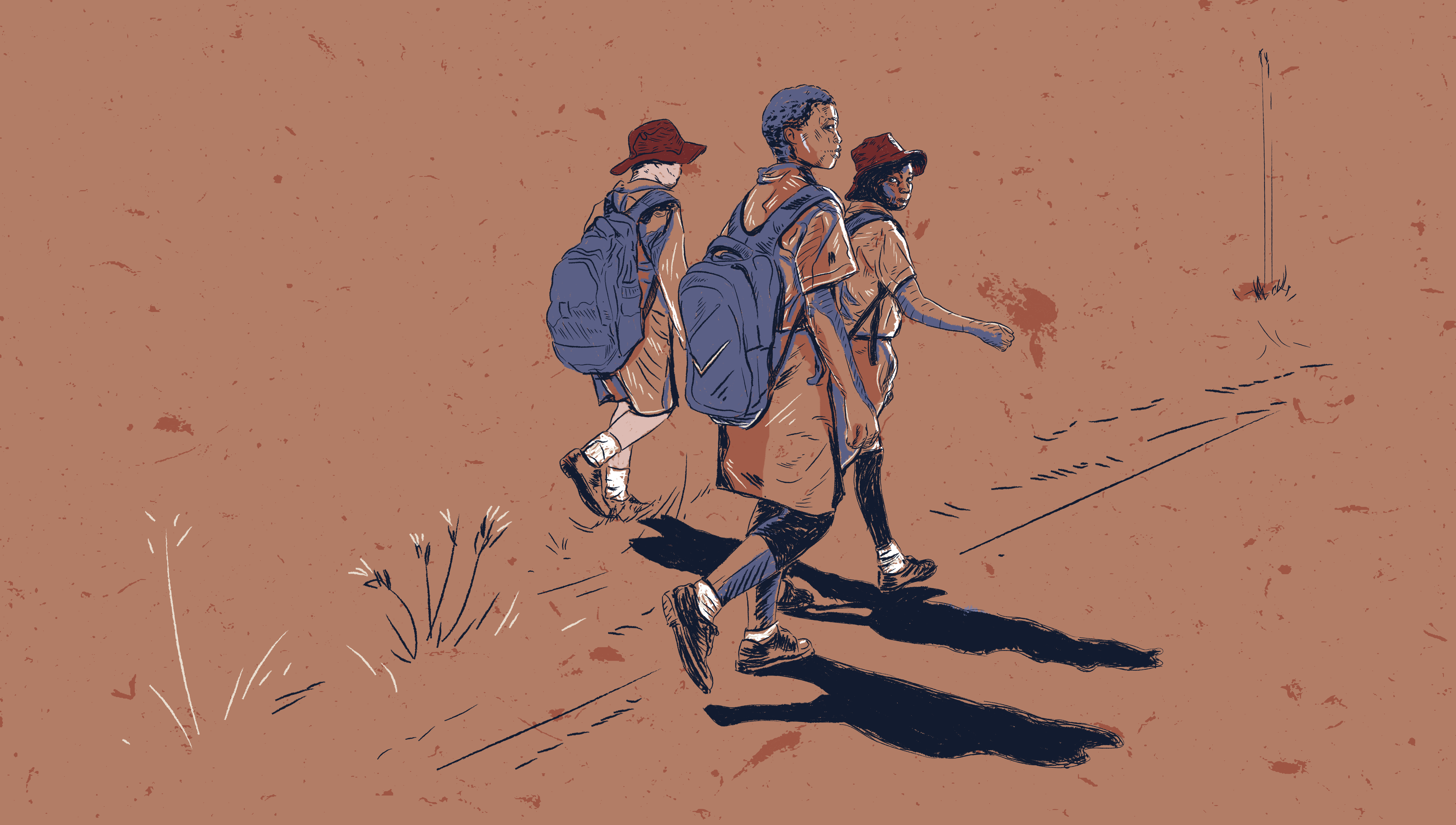 Illustration of a group of school girls walking outside