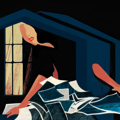A stylized illustration of a woman stooped over grabbing a pile of disheveled papers
