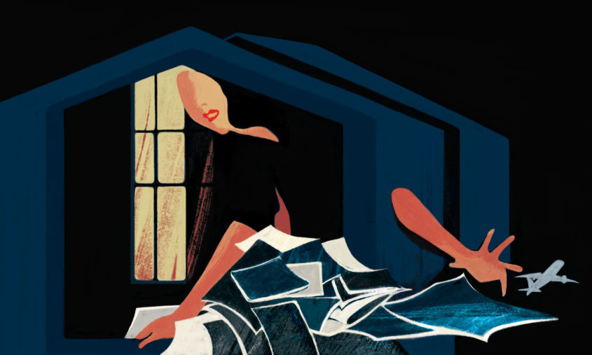 A stylized illustration of a woman stooped over grabbing a pile of disheveled papers