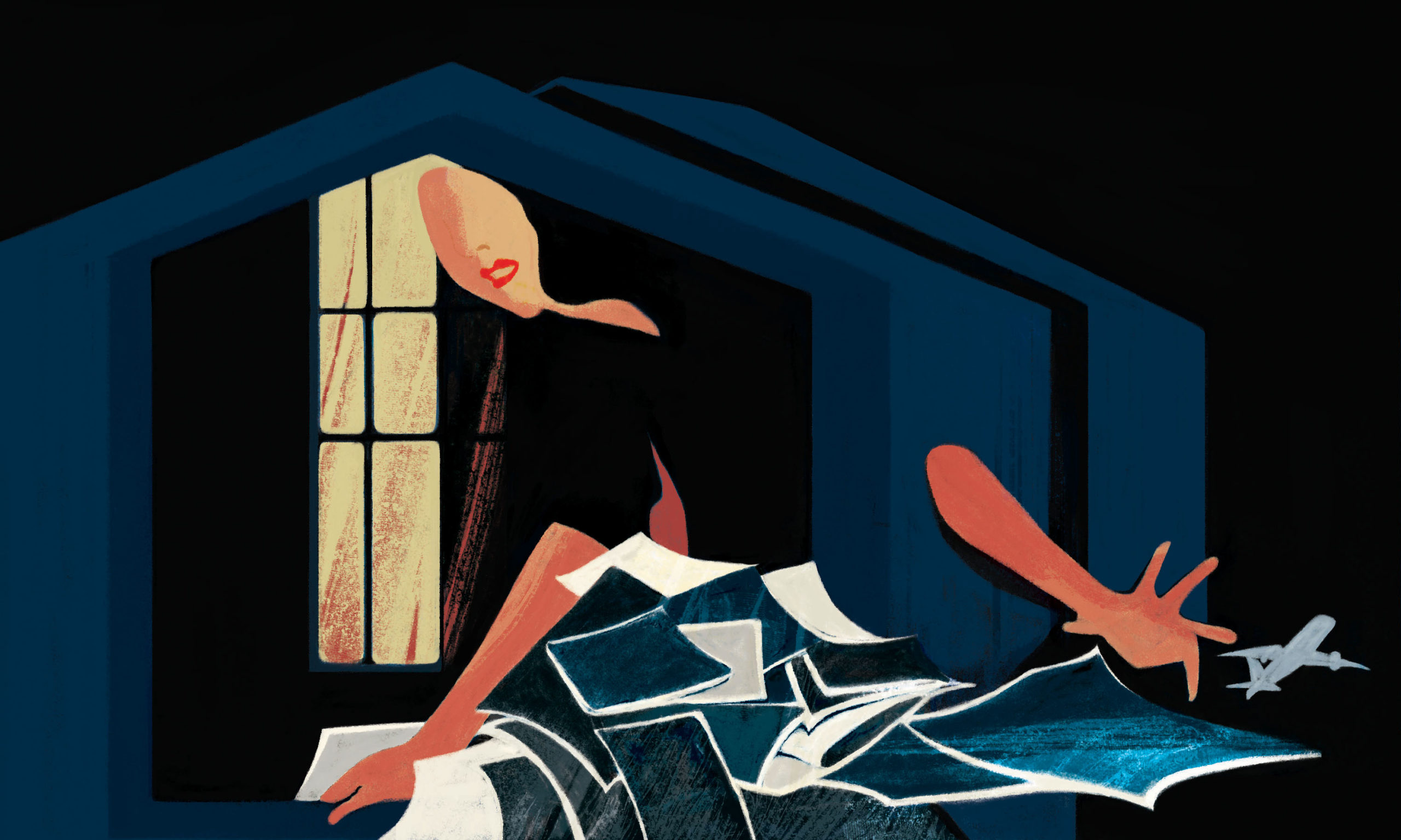 A stylized illustration of a woman stooped over grabbing a pile of disheveled papers