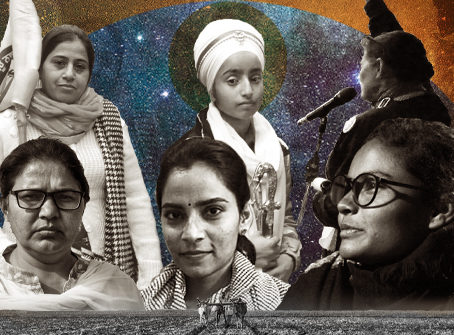 A graphical representation with black and white images of women protestors