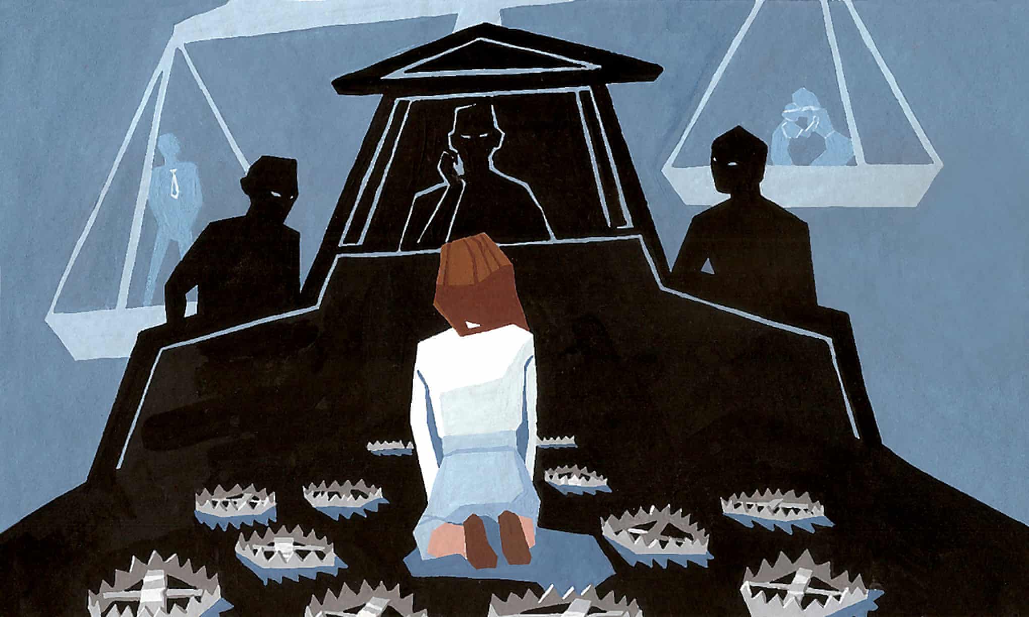 Illustration of a woman kneeling before a judges bench with surrounded by metal traps
