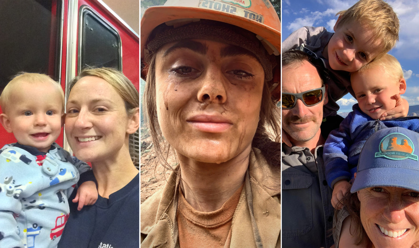 A triptych of three photos of female firefighters