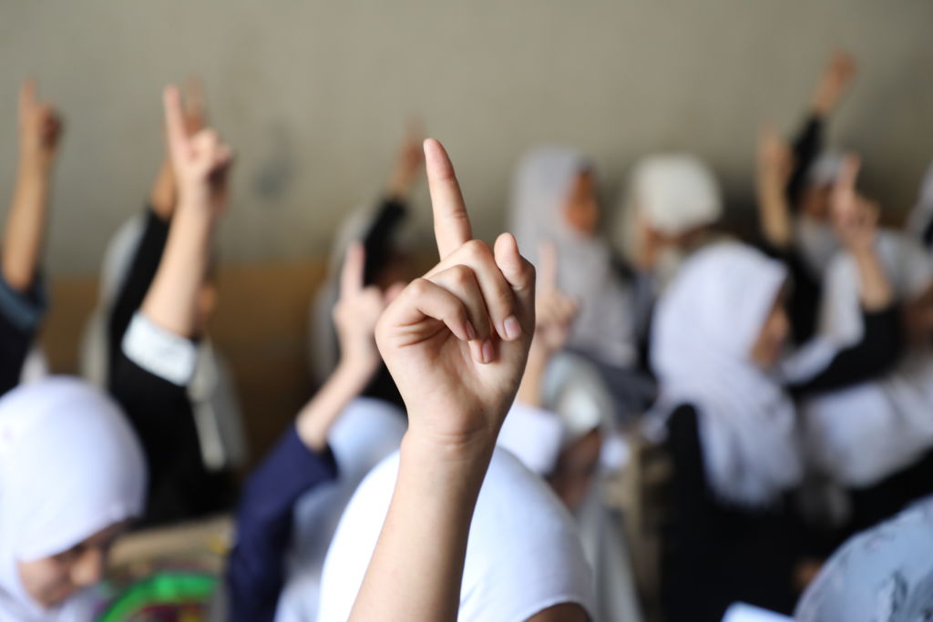 A photo of students raising their hands in a classroom