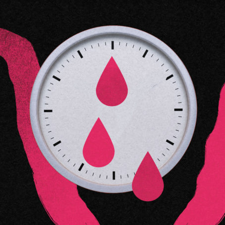 An illustration of a white clock with blood droplets in the middle.