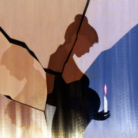 An illustration of a pregnant person holding a candle