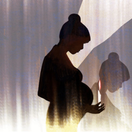 An illustration of a pregnant person holding a candle