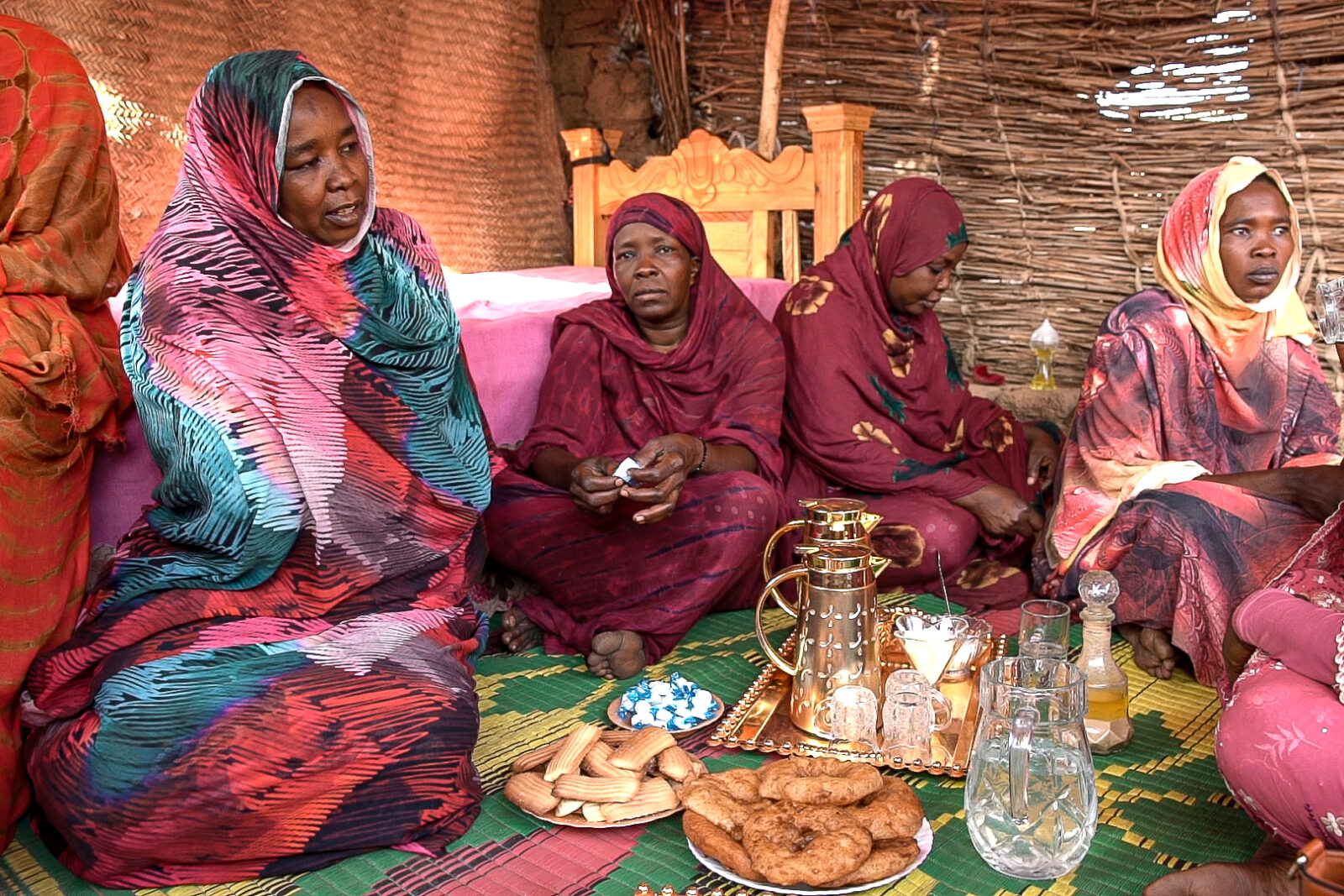 Zahra Khamis hosts fellow refugees and community leaders from El Geneina for tea at her new home in Adré on April 20, 2024. (Photo by Zoë Flood/Foreign Policy)